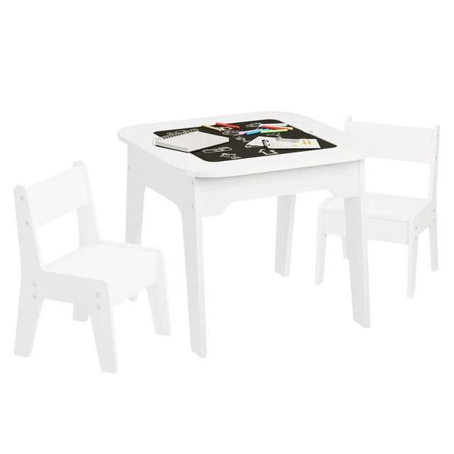 Witte BukkitBow kindertafel met 2 stoeltjes, dubbelzijdig tafelblad en opbergruimte, geschikt voor kinderen, natuurlijke sfeer