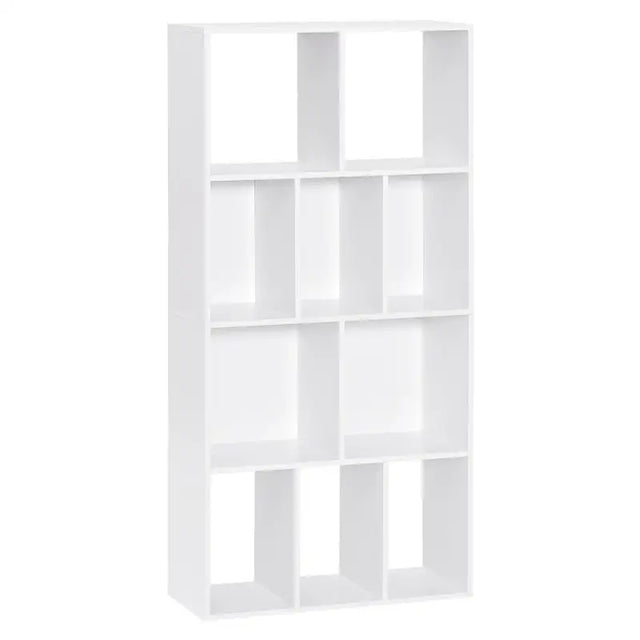 Witte BukkitBow kubus boekenkast met 4 lagen en 10 open vakken, afmetingen 60x20x120cm, geschikt voor boeken en display.