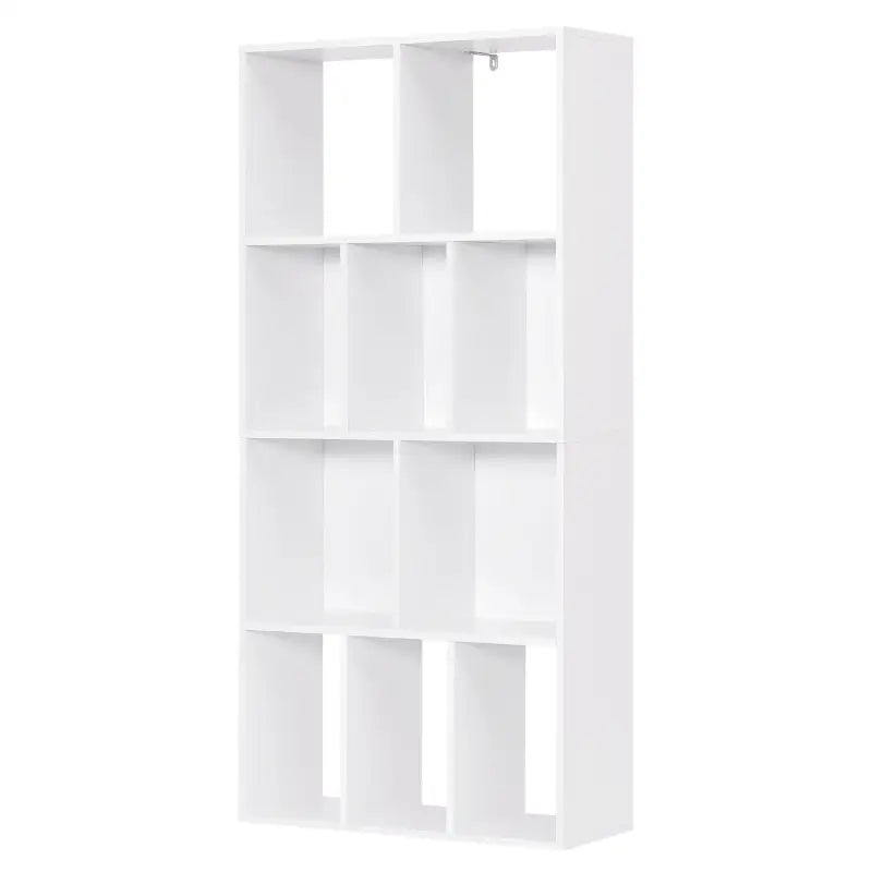 Witte BukkitBow kubus boekenkast met 4 lagen en 10 open vakken, ideaal voor boekdisplay, afmetingen 60x20x120cm.