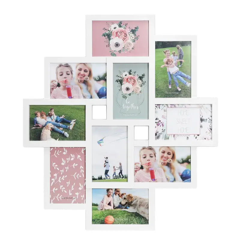 Witte BukkitBow multi-fotolijst met 10 vakken, stevig plexiglas, geschikt voor 10x15cm foto's, afmeting 54,5x49cm.