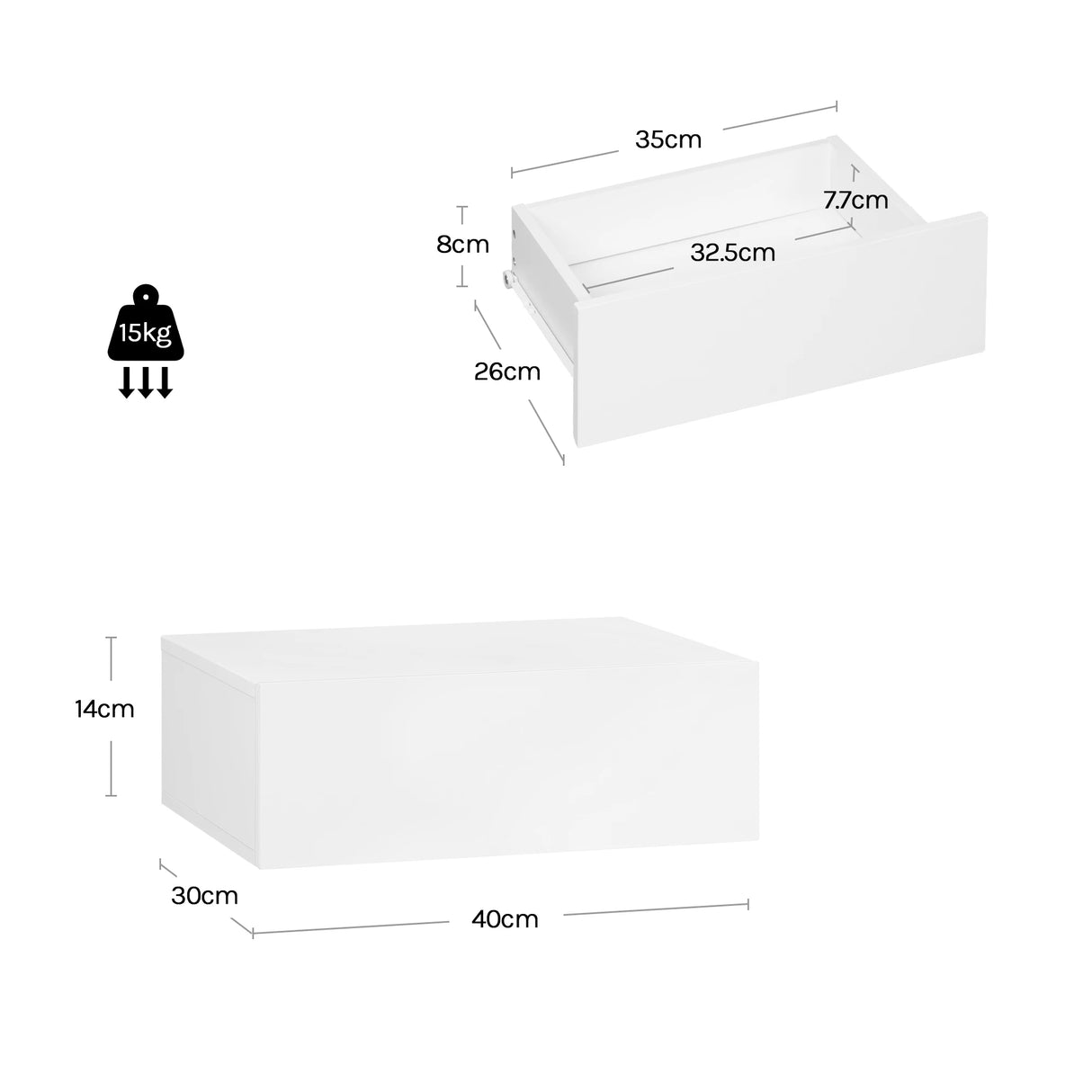 BukkitBow zwevend nachtkastje van hout met lade, wandmontage en modern design, geschikt voor slaapkamer of woonruimte