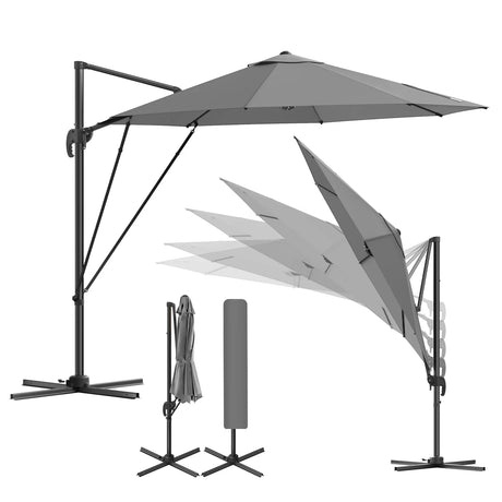BukkitBow zwevende parasol met 360° draaibaar en 5 kantelstanden, diameter 300 cm, in een tuin of terras.