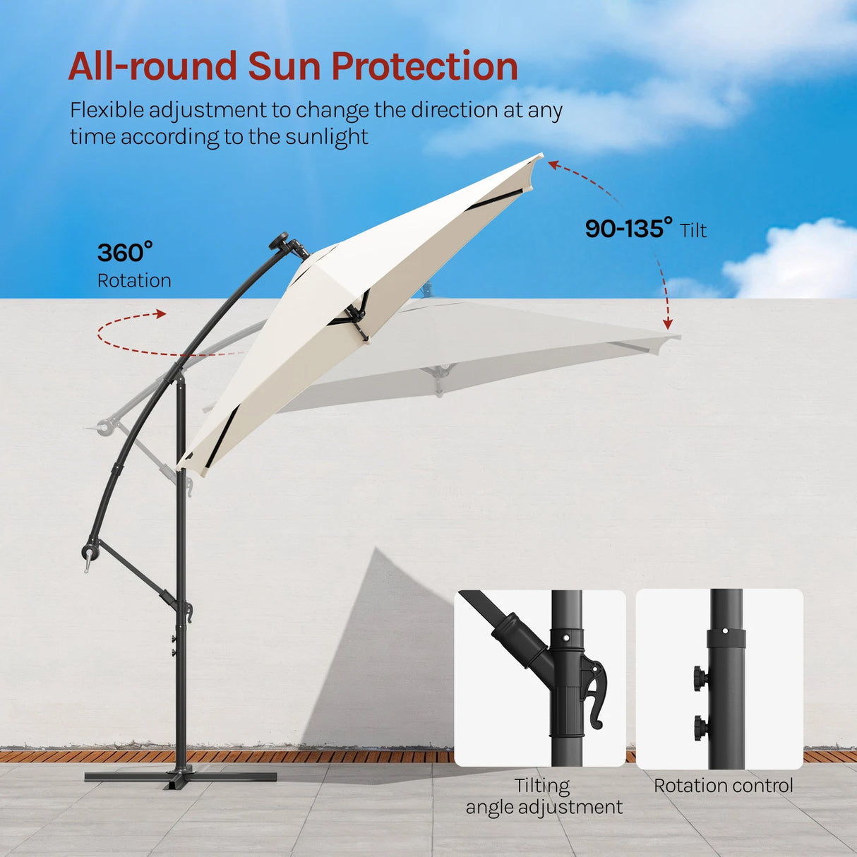 BukkitBow - Zwevende Parasol met Solar LED-Verlichting - 360° Draaibaar