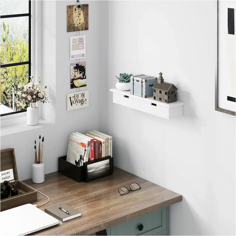 BukkitBow zwevende wandboekenplank met 2 laden voor cd's en dvd's, afmetingen 65x10x15 cm, zwart kunststof design.