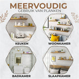BukkitBow zwevende boekenplank in rustiek bruin hout, 10 kg draagvermogen, diverse maten 25-120cm, muurmontage.
