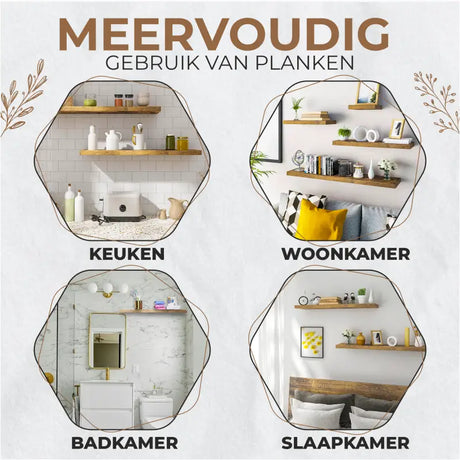 BukkitBow zwevende boekenplank in rustiek bruin hout, 10 kg draagvermogen, diverse maten 25-120cm, muurmontage.
