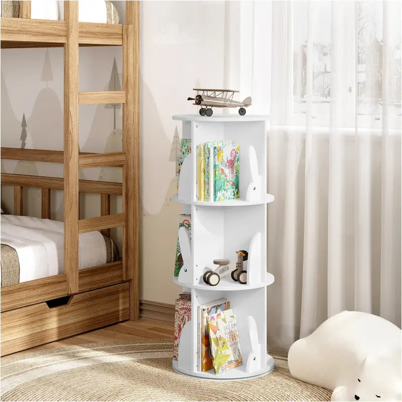 Witte kinderboekenkast van BukkitBow met draaibare planken en 4 niveaus, geschikt voor het opbergen van kinderboeken.