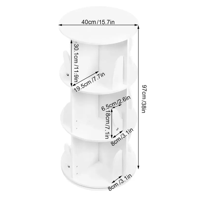 Witte draaibare kinderboekenkast met 4 niveaus en staande planken van BukkitBow, geschikt voor kinderkamer of speelhoek.