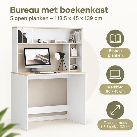 Bureau met boekenkast van BukkitBow met 5 open planken, afmetingen 113,5 x 45 x 139 cm, ideaal voor kantoor of studeerkamer