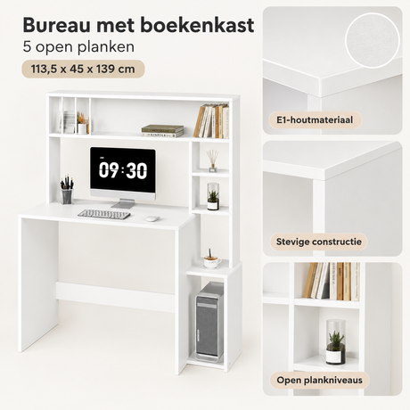 Bureau met boekenkast van BukkitBow, 5 open planken, houten afwerking, 113,5 x 45 x 139 cm, detail van het materiaal