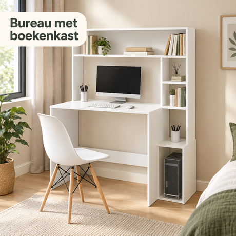 Bureau met boekenkast van BukkitBow, 5 open planken, in een stijlvolle thuiskantoor setting, 113,5 x 45 x 139 cm