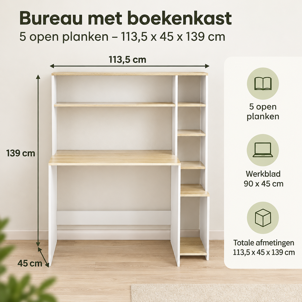 Afmetingen en productspecificaties van bureau met boekenkast