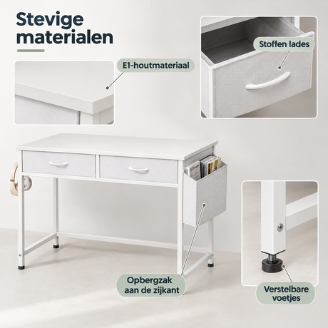 Detail van materiaal en afwerking van bureau met lades