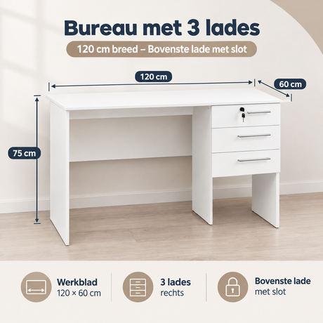 Afmetingen en productspecificaties van bureau met lades