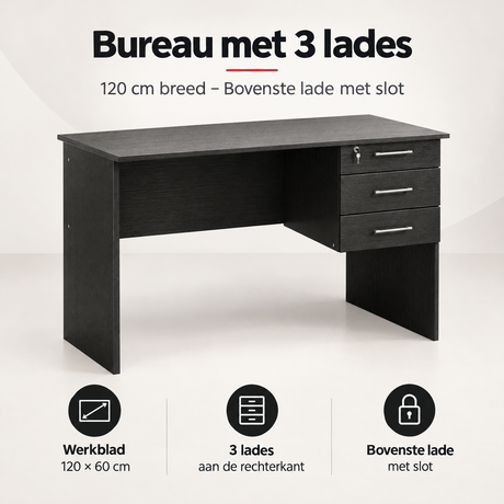 Overzicht van bureau met lades met de belangrijkste productvoordelen