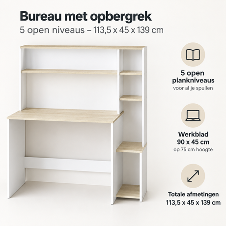 Bureau met opbergrek van BukkitBow, 5 open niveaus, afmetingen 113,5 x 45 x 139 cm, ideaal voor organisatie en werkruimte