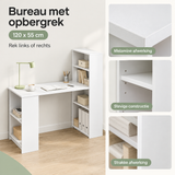 Detail van materiaal en afwerking van bureau met opbergrek