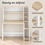 Detail van materiaal en afwerking van bureau met opbergrek