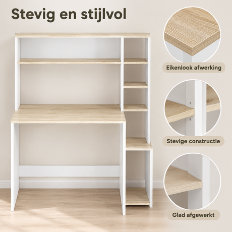 Bureau met opbergrek van BukkitBow, 5 open niveaus, houten afwerking, afmetingen 113,5 x 45 x 139 cm, detail van het materiaal