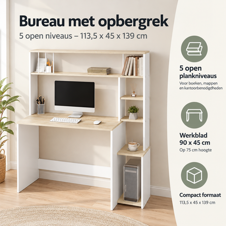 Bureau met opbergrek van BukkitBow, 5 open niveaus, afmetingen 113,5 x 45 x 139 cm, praktisch en ruim ontwerp