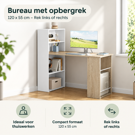 Bureau met opbergrek van BukkitBow, 120x55 cm, met opties voor links of rechts, praktische opbergruimte voor kantoor of thuis.