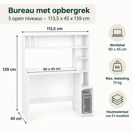 Bureau met opbergrek van BukkitBow, 5 open niveaus, afmetingen 113,5 x 45 x 139 cm, zwart houten bureau en opbergrek