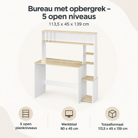 Bureau met opbergrek van BukkitBow, 5 open niveaus, 113,5 x 45 x 139 cm, met overzicht van kernvoordelen