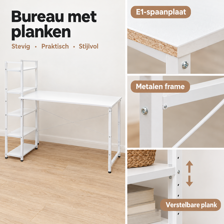 Detail van materiaal en afwerking van bureau met planken