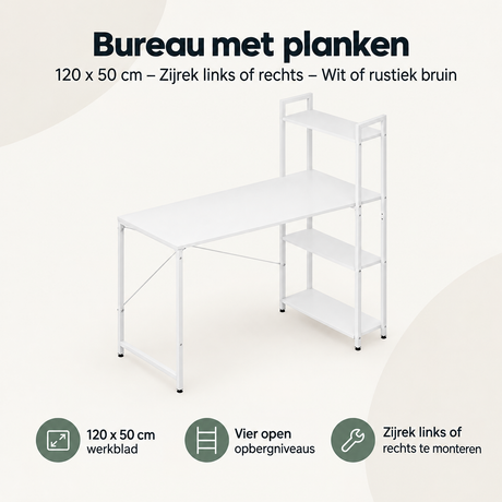 Overzicht van bureau met planken met de belangrijkste productvoordelen