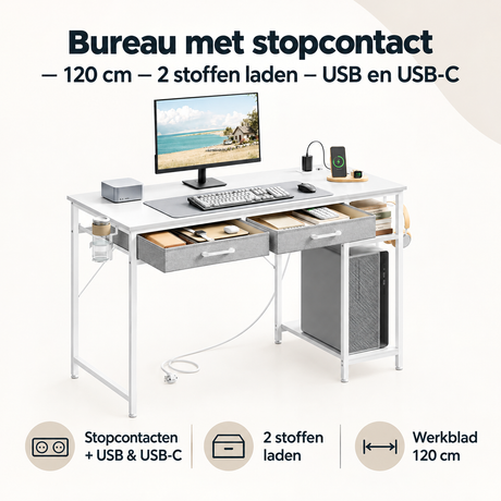 Overzicht van bureau met stopcontact met de belangrijkste productvoordelen