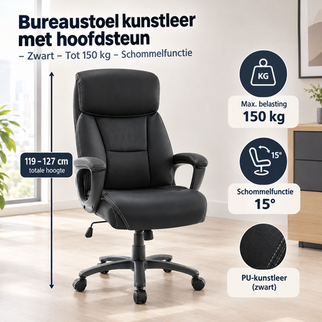 Afmetingen en productspecificaties van bureaustoel kunstleer met hoofdsteun
