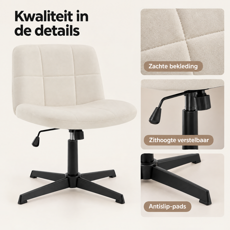 Detail van materiaal en afwerking van bureaustoel met brede zitting
