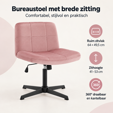 Overzicht van bureaustoel met brede zitting met de belangrijkste productvoordelen