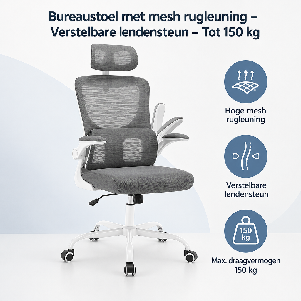 Overzicht van bureaustoel met mesh rugleuning met de belangrijkste productvoordelen