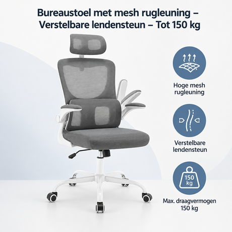 Overzicht van bureaustoel met mesh rugleuning met de belangrijkste productvoordelen
