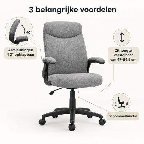 BukkitBow bureaustoel met opklapbare armleuningen, schommelfunctie en verstelbare zithoogte, geschikt voor comfortabel werken.