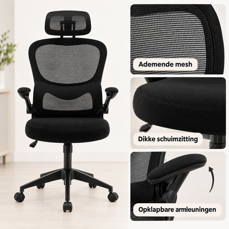 Detail van materiaal en afwerking van bureaustoel met opklapbare armleuningen
