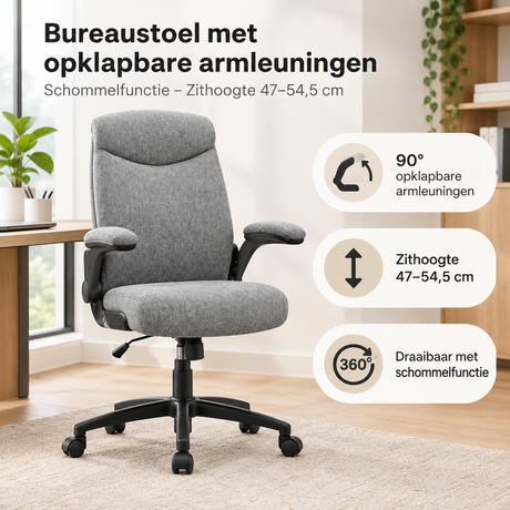 Bureaustoel BukkitBow met opklapbare armleuningen en schommelfunctie, zithoogte 47-54,5 cm, ergonomisch en praktisch.
