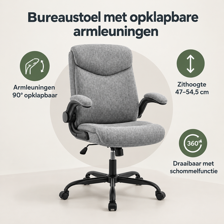BukkitBow bureaustoel met opklapbare armleuningen en schommelfunctie, zithoogte 47-54,5 cm, overzicht van kernvoordelen