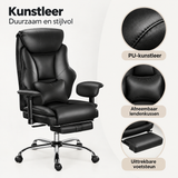 Detail van materiaal en afwerking van bureaustoel met voetsteun