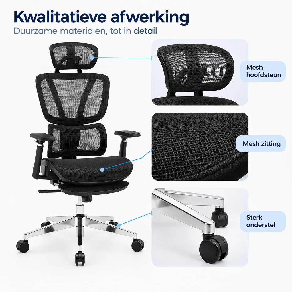 Detail van materiaal en afwerking van bureaustoel met voetsteun