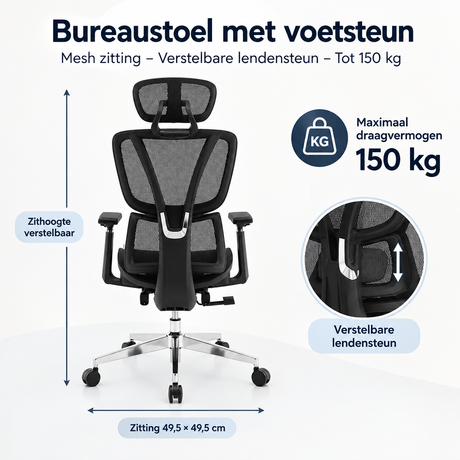 Afmetingen en productspecificaties van bureaustoel met voetsteun