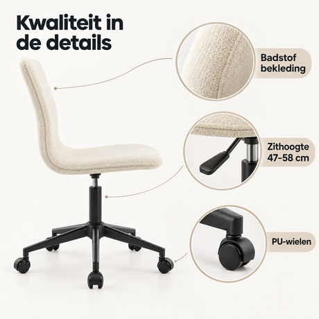 Detail van materiaal en afwerking van bureaustoel zonder armleuningen
