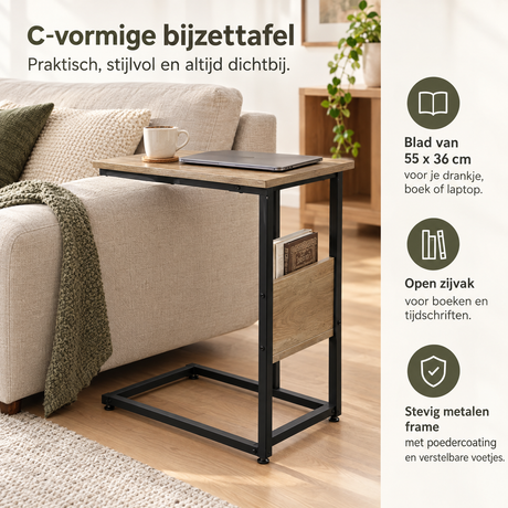 Praktische toepassing en keuzehulp voor C-vormige bijzettafel