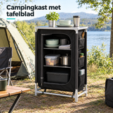 Zwarte campingkast van BukkitBow met tafelblad en 3 opbergvakken, aluminium frame, geschikt voor outdoor gebruik
