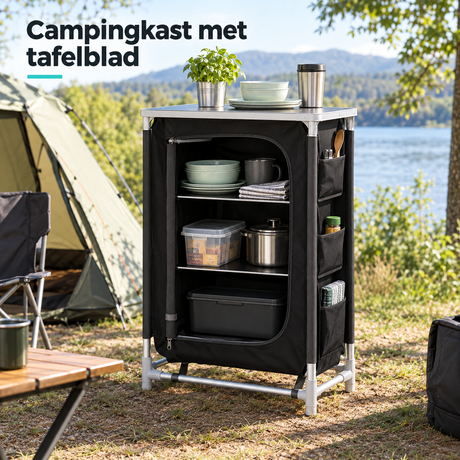 Zwarte campingkast van BukkitBow met tafelblad en 3 opbergvakken, aluminium frame, geschikt voor outdoor gebruik