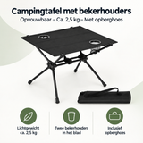 Overzicht van campingtafel met bekerhouders met de belangrijkste productvoordelen