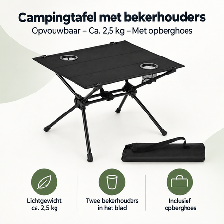 Overzicht van campingtafel met bekerhouders met de belangrijkste productvoordelen