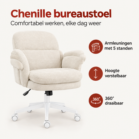 BukkitBow chenille bureaustoel met armleuningen, 5 standen, hoogteverstelbaar in beige of grijs, comfortabele kantoorstoel