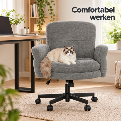 Beige of grijze BukkitBow chenille bureaustoel met armleuningen, 5 standen en in hoogte verstelbaar, voor comfortabel werken